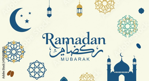 Ramadan Kareem Islamic Greeting Card with Crescent Moon and Mosque.