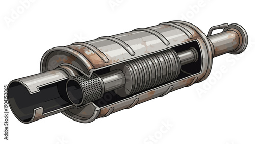Cutaway illustration of a rusty cylindrical vehicle muffler interior