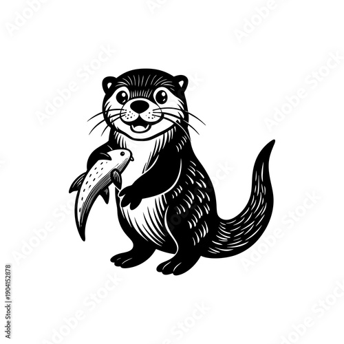 A cute cartoon otter holding a fish, black and white illustration, smiling and looking forward with happy expression.