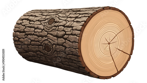 Illustration of a thick roughbarked log showing a crosssection with growth rings