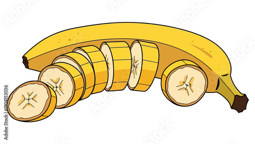 Illustration of a yellow banana partially peeled and sliced across its body