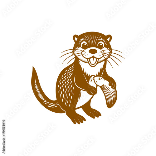 Vintage style illustration of a happy brown otter holding a freshly caught fish with a cheerful expression.