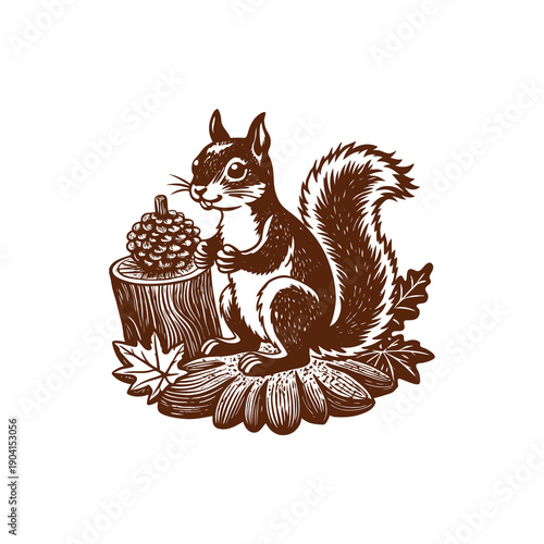 Vintage engraving style illustration of a squirrel holding a pinecone on a tree stump with autumn leaves.
