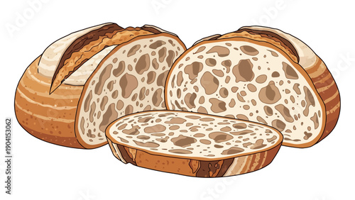 Illustration of sliced sourdough bread with an open airy crumb structure