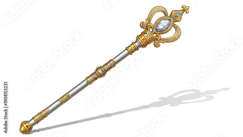 Ornate golden scepter with white gemstone head and silver shaft