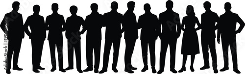 A line of black silhouettes of men and one woman in formal business attire standing side-by-side against a white background