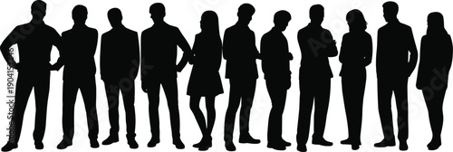 A diverse group of business professionals in silhouette standing in a line, showcasing formal attire and varied stances conveying a sense of unity and corporate presence
