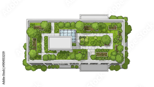 Overhead architectural rendering of a rooftop garden with planters and skylights