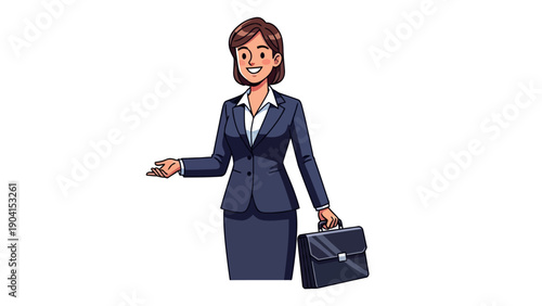 Pixel art businesswoman in a dark suit with open hand and briefcase