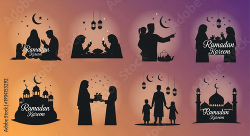 Ramadan Kareem Islamic cultural celebration scenes silhouette collection.