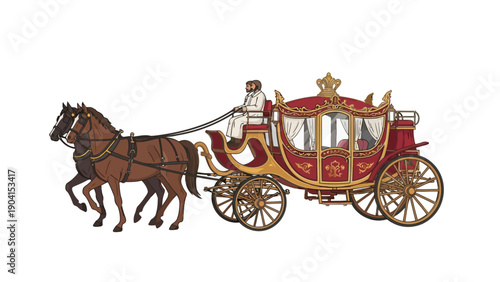 Red and gold royal carriage pulled by two brown horses driven by a person in white