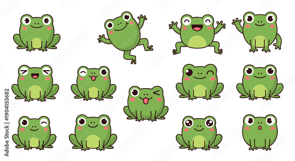 Obraz premium Cartoon frogs collection playful green amphibians in various poses