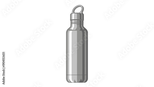 Silver metal water bottle with carrying loop isolated on white