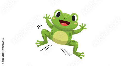 Cheerful green frog jumping with joy against a clean white background