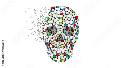 Skull formed by colorful pills dispersing on the left side
