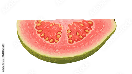 Slice of pink guava with seeds and green rind on white background