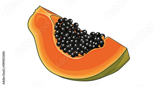 Slice of ripe papaya with black seeds against a white background