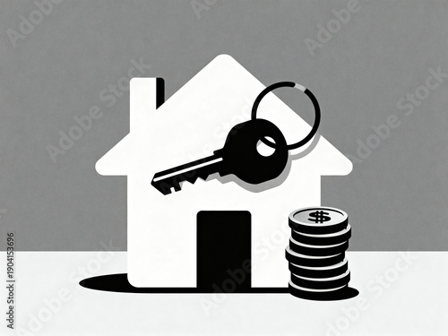 House with Key and Coins Representing Home Ownership and Investment