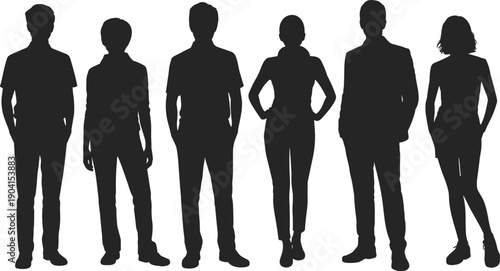 Diverse group of men and women standing in casual and formal attire against a white background adults
