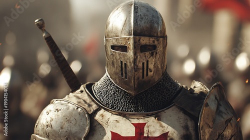 Templar Knight Standing and Facing Jerusalem, Medieval Crusader Scene Illustration