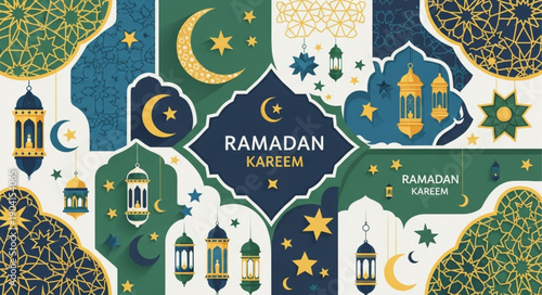 Ramadan Kareem Islamic Celebration with Crescent Moon and Lanterns.