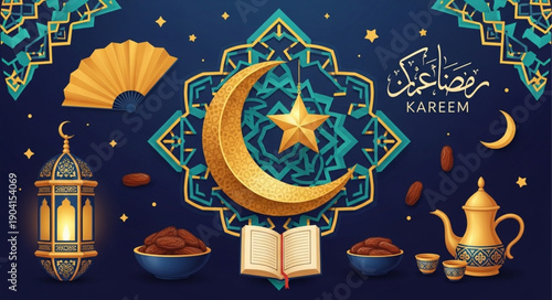 Ramadan Kareem Islamic celebration with crescent moon and lantern.