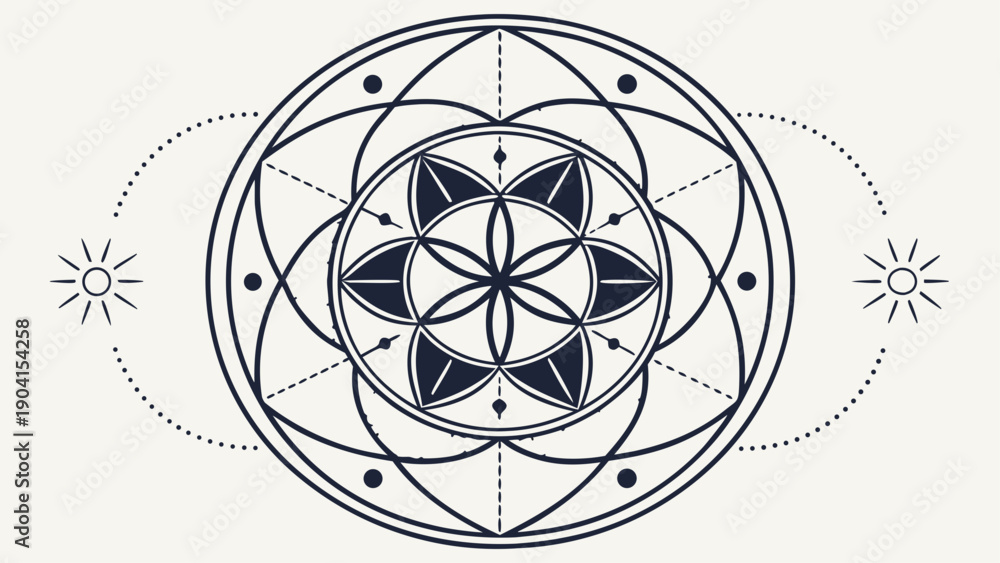 Obraz premium Geometric Mandala Sacred Geometry Sun Symbols Line Art