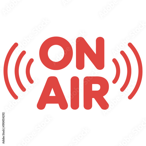 Bright red 'On Air' sign transmits audio signals with radiating broadcast waves for broadcasting.