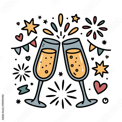 Two champagne flutes toast with sparkling wine against a background of festive confetti and stars.