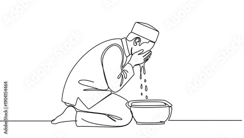 High-quality black continuous line art of a person performing wudu (ablution) with simple water flow lines, minimal style