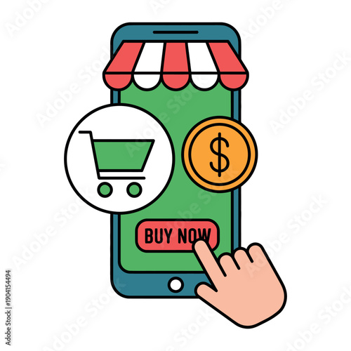 Hand taps the buy now button on a smartphone displaying an online marketplace with a shopping cart icon.