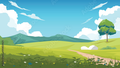 Serene illustration of a sun drenched meadow featuring a winding path lush green hills and a lonely tree under a bright blue sky. Perfect for nature and travel themes.