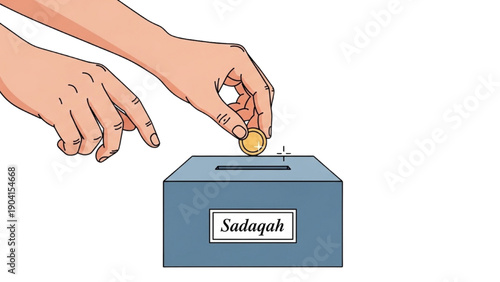 High-quality black outline colorful art of hands giving charity (sadaqah) into a donation box, calm minimal style