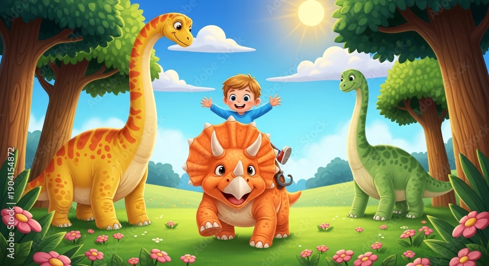 Naklejka premium Colorful cartoon scene featuring a joyful boy riding a friendly orange dinosaur surrounded by a green dinosaur and a cute lion in a vibrant forest setting