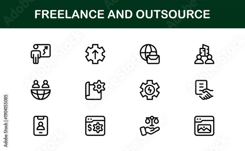 Freelance Outsource Line Icon Set – Modern Professional Vector Icons for Business, Remote Work, and Digital Services in Minimal Outline Style