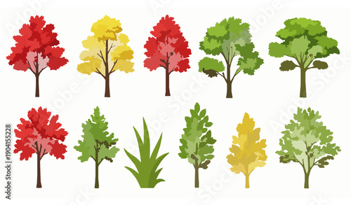 Colorful botanical tree and plant vector collection for garden ecology and education concepts