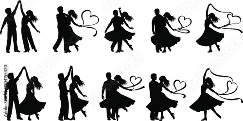 Dynamic silhouettes of dancing couples with flowing ribbons forming heart shapes in various poses against a white background