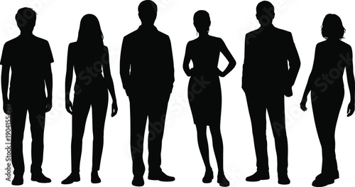 Diverse group of six people in silhouette standing in a line representing unity diversity and collaboration
