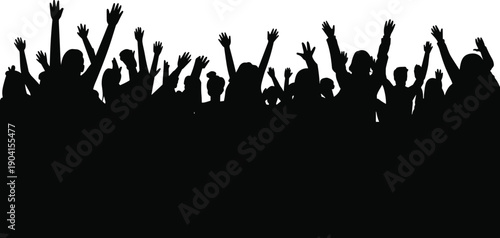Energetic crowd with raised hands in silhouette, signifying celebration, excitement, and a lively atmosphere at an event