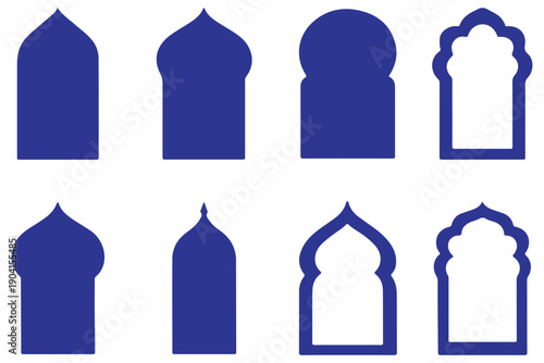 Traditional Arabic door and window frames. Oriental mosque arch in luxury style. Islamic mosque window arches.