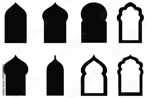 Traditional Arabic door and window frames. Oriental mosque arch in luxury style. Islamic mosque window arches.