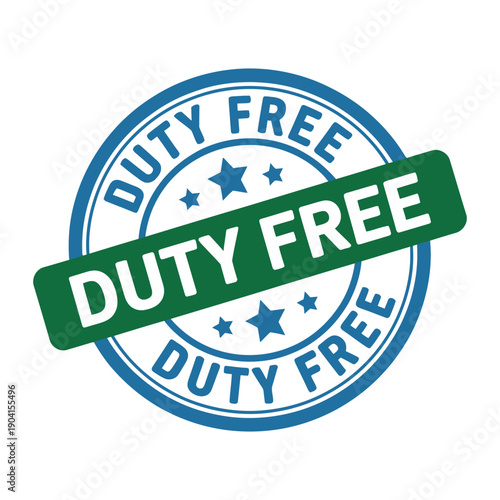 Circular duty free stamp graphic features diagonal green banner across blue textured background with.