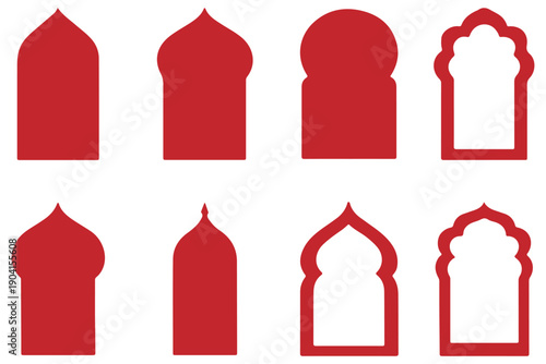 Traditional Arabic door and window frames. Oriental mosque arch in luxury style. Islamic mosque window arches.