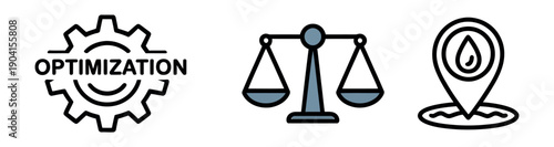 Set of business icons illustrates optimization, balance scale, and water resource location tracking.