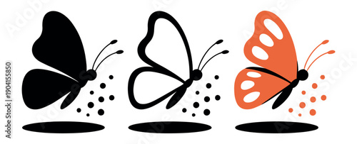 Three stylized butterflies depict transformation stages with black, outline, and orange colored forms.