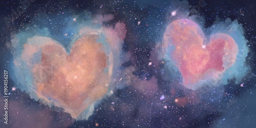 two heart shaped nebulae in space, against a starry background, with pastel colors in a watercolor