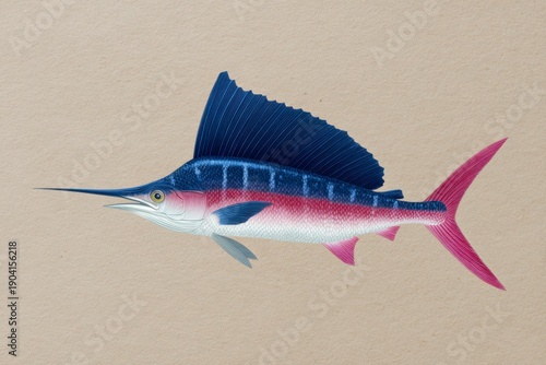vintage art of a sailfish, in blue and red color, on a beige background