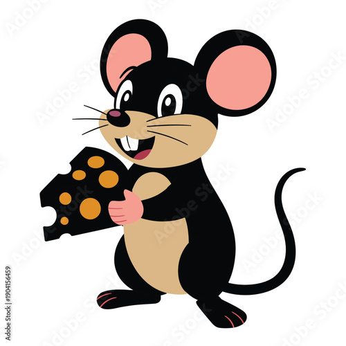 Happy cartoon mouse holding cheese with big smile