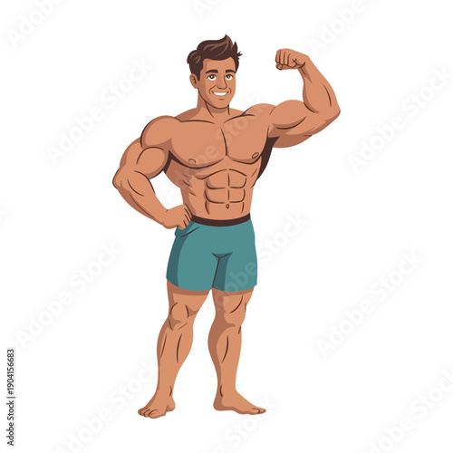 Muscular male bodybuilder proudly flexing his impressive biceps and defined abdominal muscles for the.