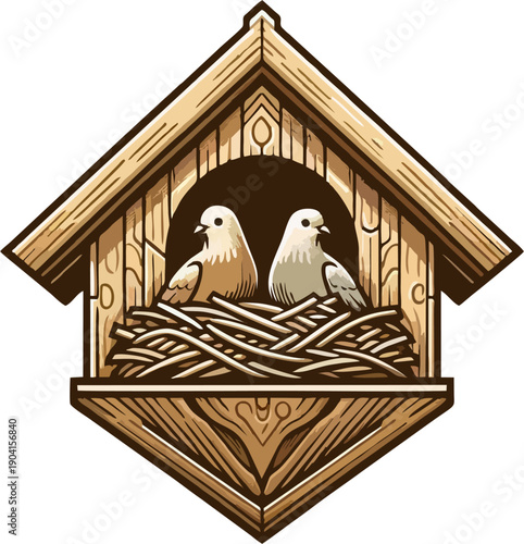 Vintage Woodcut Birdhouse Illustration with Two Birds in Nest — Rustic Nature Home Symbol, Wildlife Emblem, Handcrafted Wooden Style